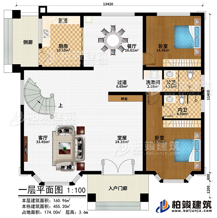 一层：入户门廊、侧廊、堂屋、神龛、客厅、厨房、餐厅、过道、2卧室、洗漱间、公卫、内卫